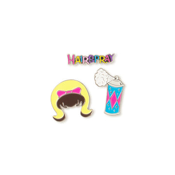 Pin with a character wearing a yellow dress and a bottle of hairspray on a white background. inspired by the John Waters movie HAIRSPRAY (1988)